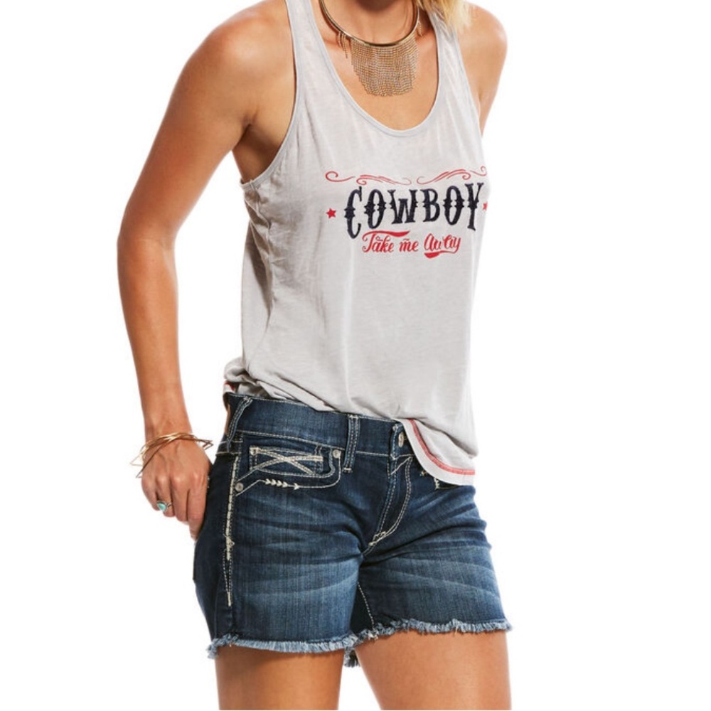 EUC ARIAT Women’s Distressed Tank-Top (COWBOY Take Me Away) Gray/Red Size XL